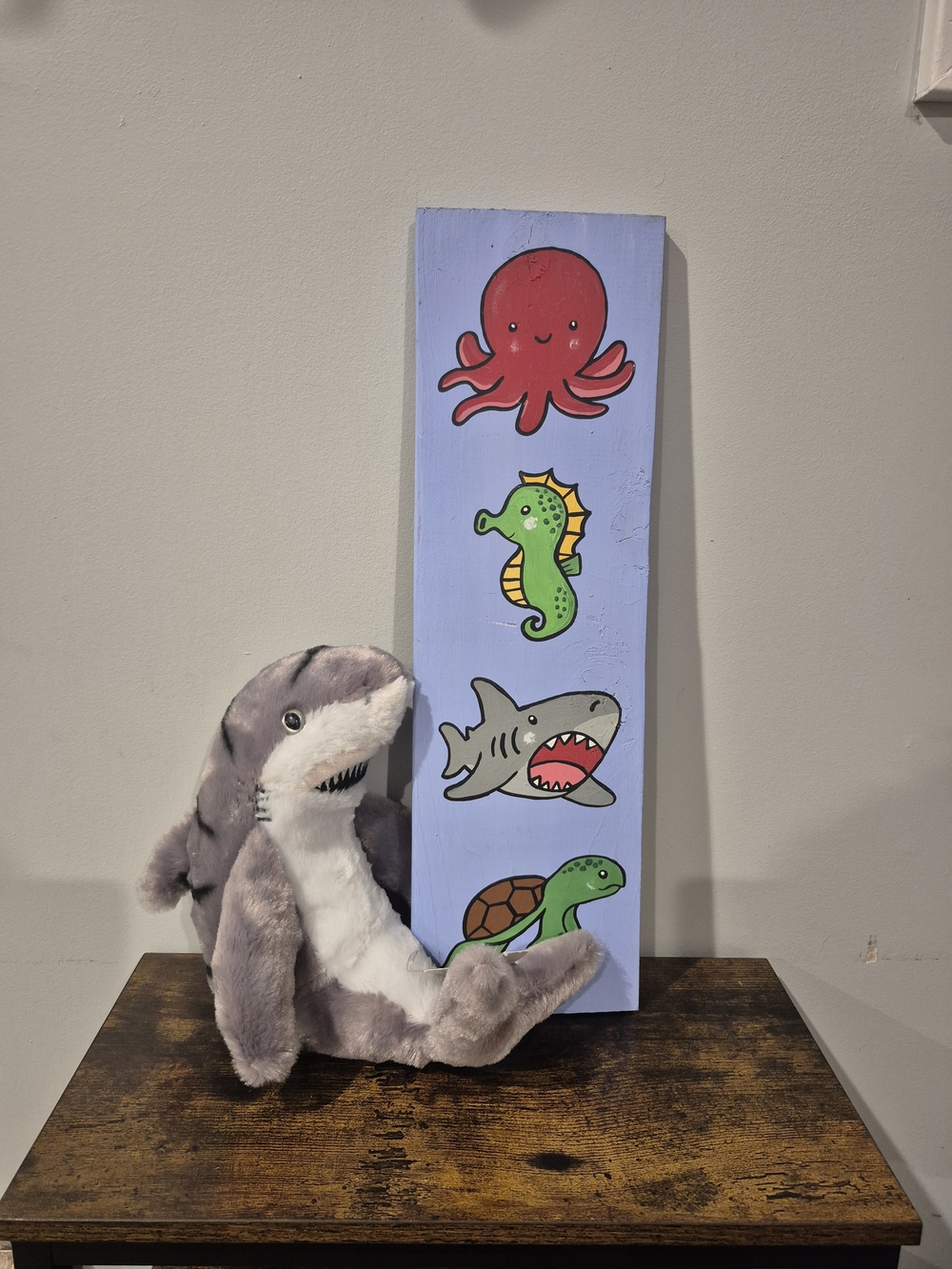 Plush Gray Sitting Shark And Hand Painted Ocean Friends Wood Wall Art- New
